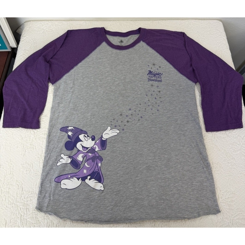 Men's Disneyland "Magic Happens" Disney‎ Resort Raglan T-Shirt Gray/Purple Sz L
